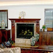 Fireplace with Storage Cabinets, built-in and freestanding: stained mahogany and