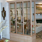 Display Case/Room Divider, built-in: glass, antique painted effect.