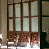 Hotel Lobby, built-in: sand blasted glass, stained mahogany with black lacquer a