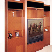 Entertainment Center, freestanding: natural cherry with diamond patterned doors.